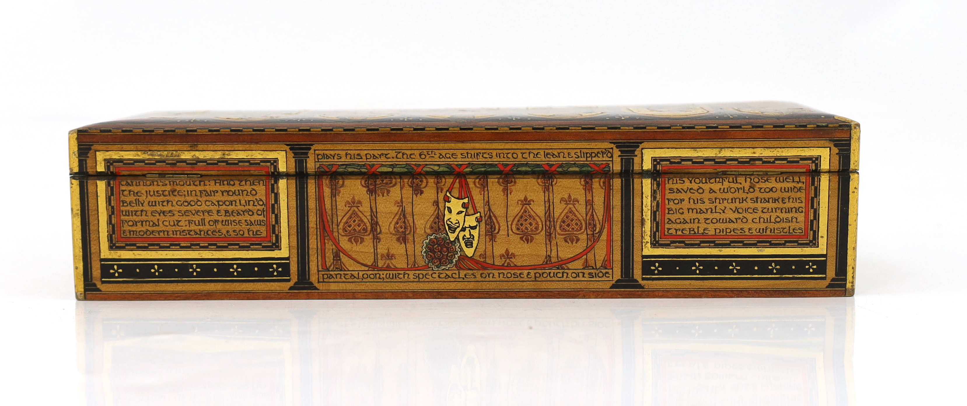 Gwendolen Beatrice White (British, 1904-1981), The Seven Ages of Man Casket, whitewood with stained and gilt gesso decoration, 32.5 x 11 x 7.5cm